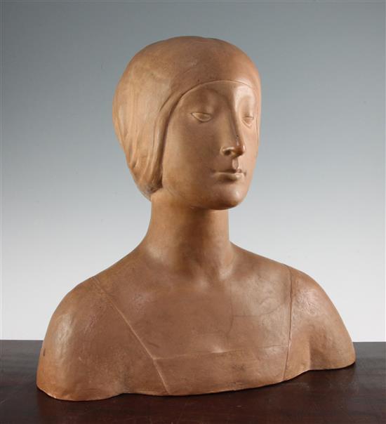 A French Art Deco terracotta bust of a young woman, 15.75in.